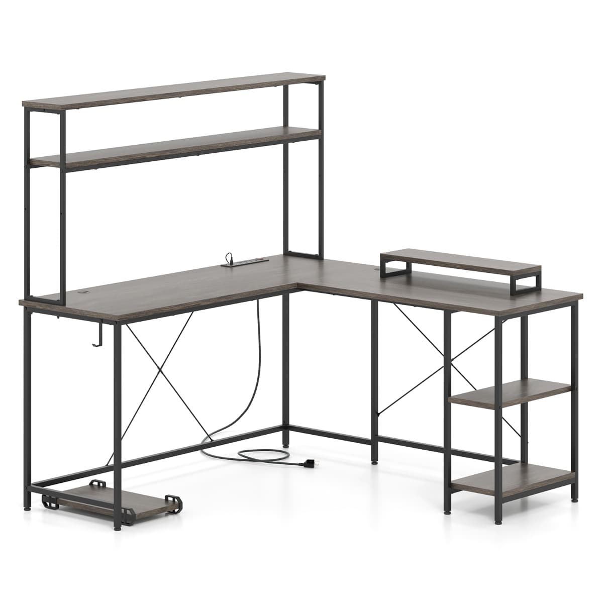 Bureau d'Ordinateur Reversible en Forme de L avec Bande LED et Prises de Courant Support pour Écran
