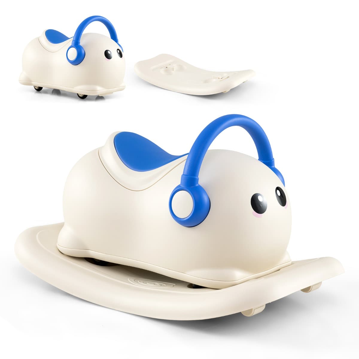 CostwayCheval à Bascule 3 en 1 pour 1-3 Ans Voiture Jouet à Enfourcher avec Rangement Caché Roues et Planche d'Équilibre Amovible Bleu