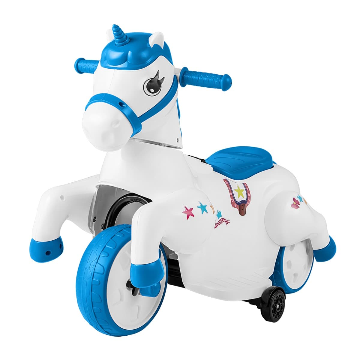 CostwayJouet à Chevaucher Licorne 12 V avec Roues d'Entraînement Musique Démarrage à un Bouton et Affichage LED Bleu