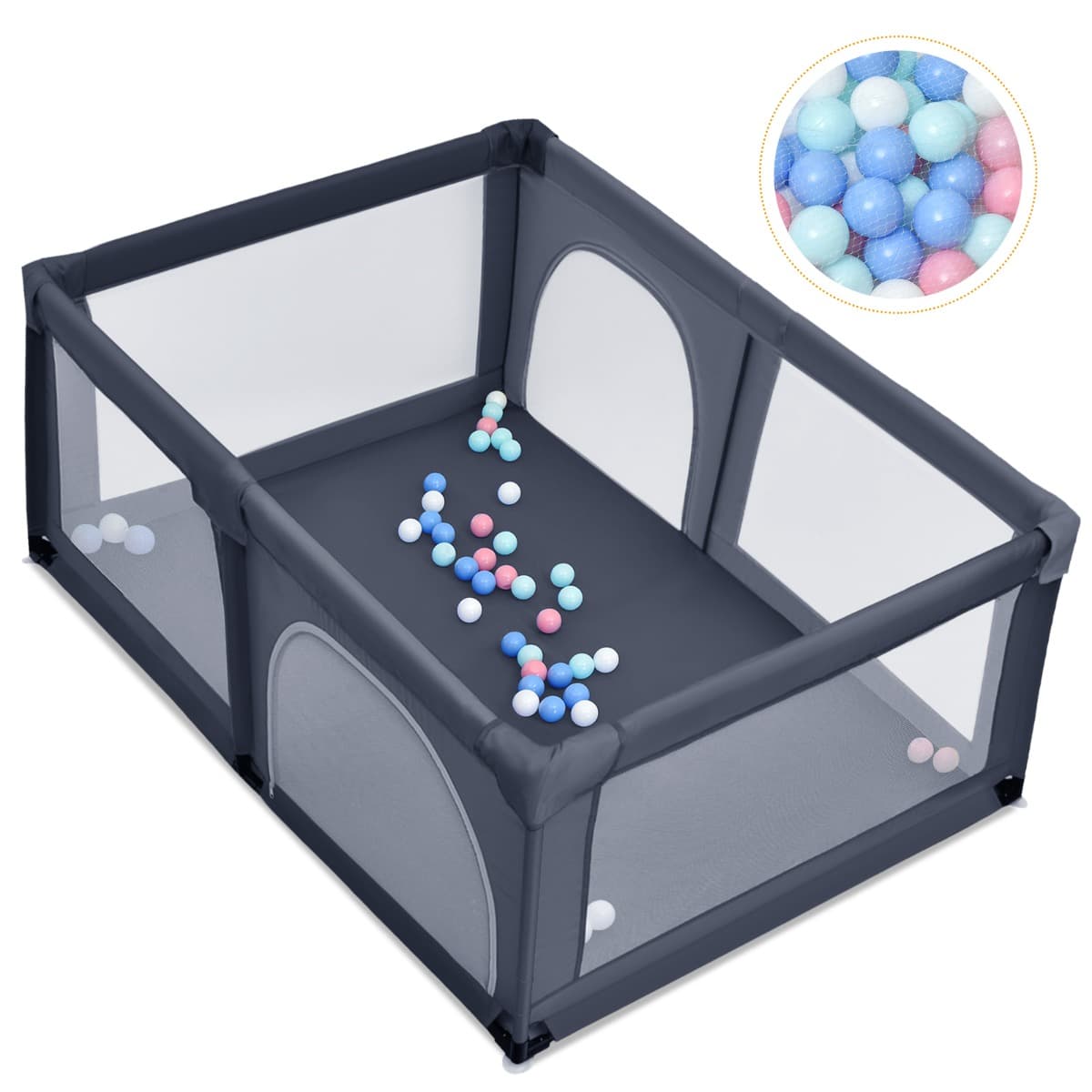 CostwayParc Bébé Portable 120 x 190 x 68 CM aevc 50 Boules Colorées Barrière de Sécurité de Enfants Pieds Antidérapantes 3 Ans + Gris Foncé