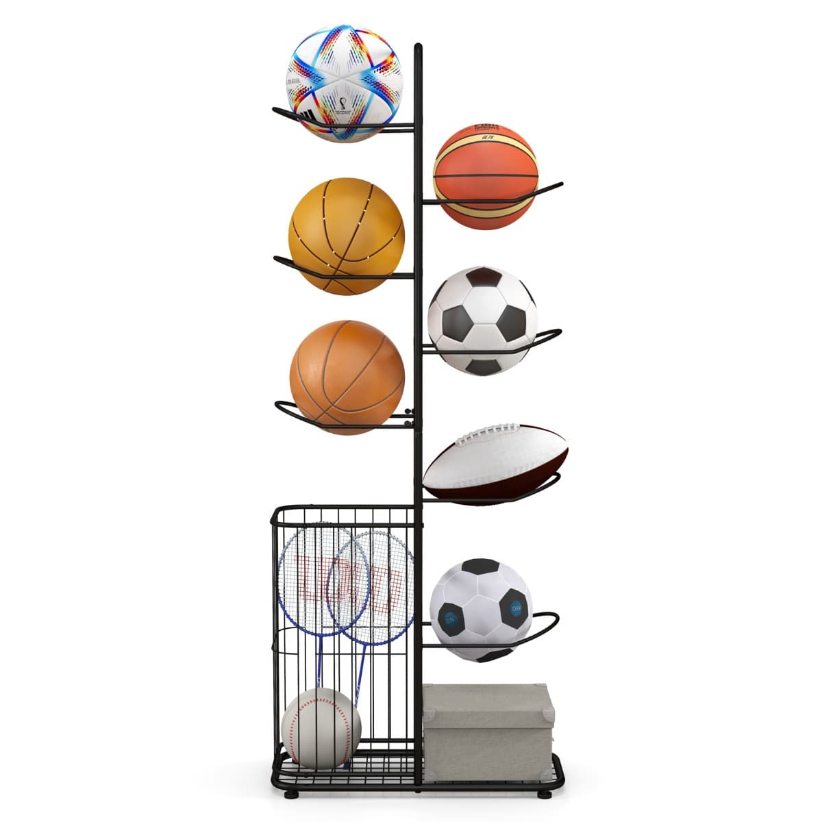 CostwayÉtagère de Rangement pour Balles à 7 Niveaux Support de Basket-Ball avec 7 Tiges Amovibles et Panier Latéral Organisateur d'Équipement Sportif