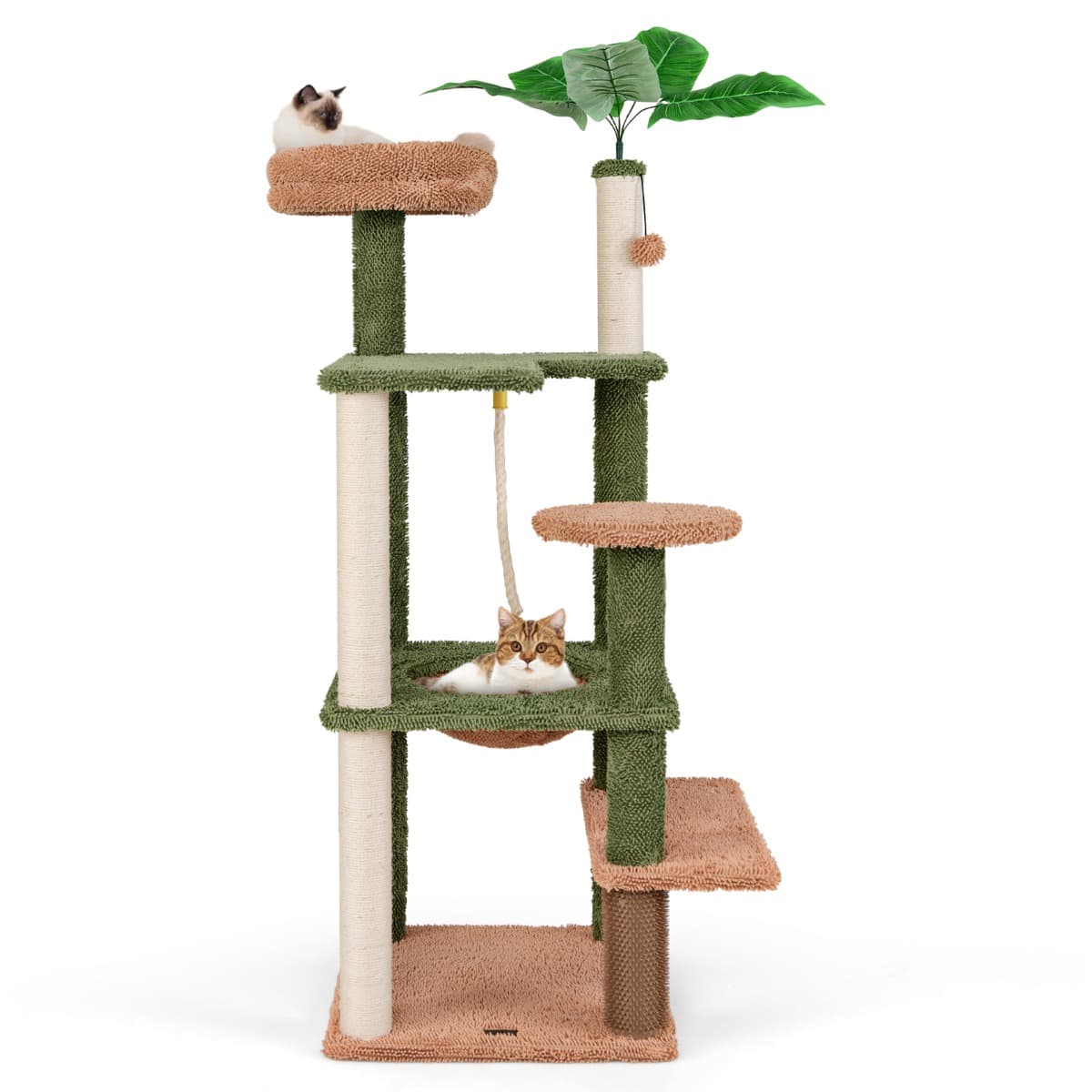 CostwayArbre à Chat 152 cm à Plusieurs Niveaux Poteaux à Gratter Corde en Sisal Perchoir en Peluche Jouet Suspendu Vert