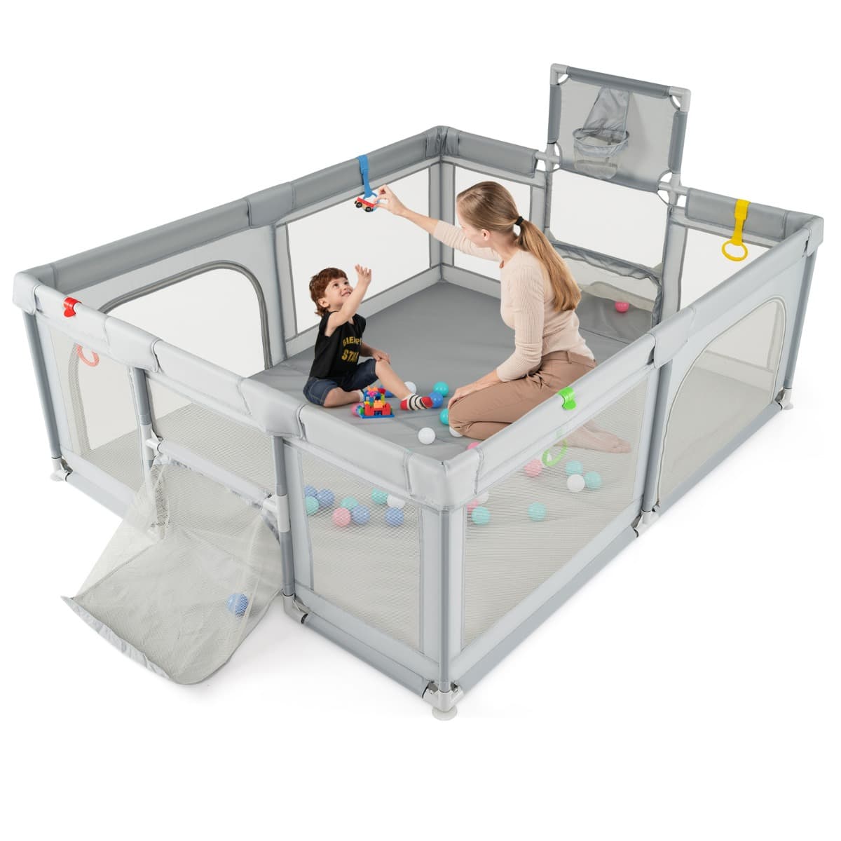 CostwayParc pour Bébé 188 x 157 cm avec Panier de Basket But de Football Barrière de Jeu avec Porte Zippée Maille Anneaux de traction Gris Clair